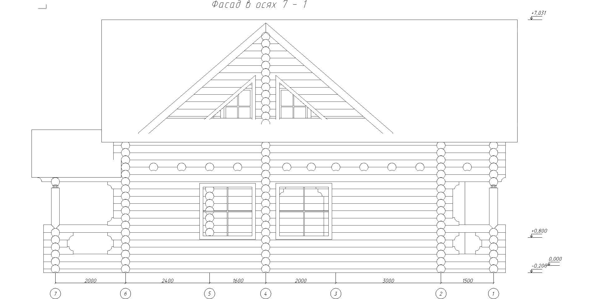 Фасад дома 8x12 из оцилиндрованного бревна в осях 7-1