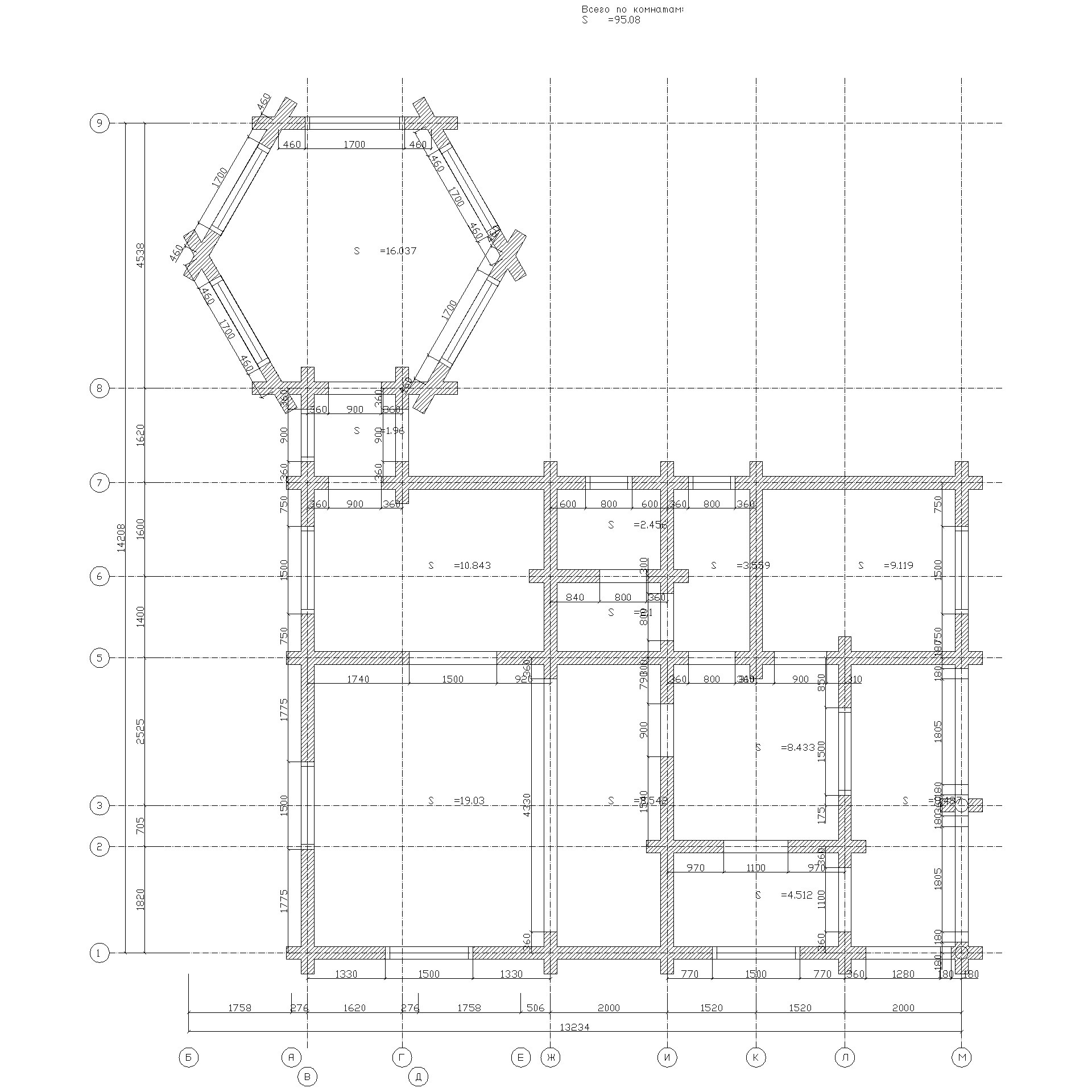 Общий план по проекту дома из оцилиндрованного бревна с беседкой 14x13
